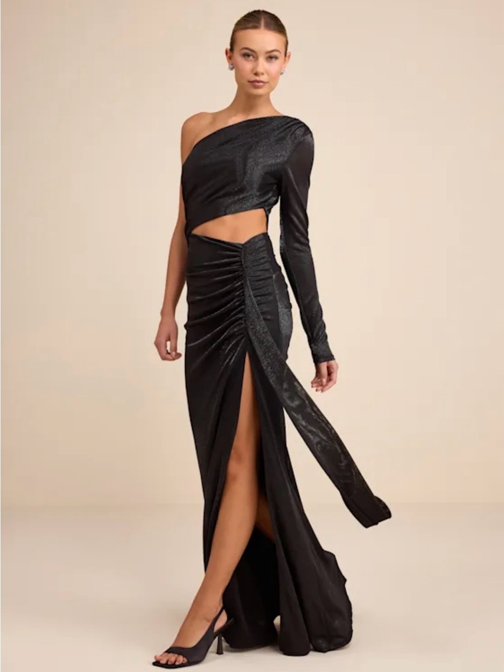Lulu's One-Shoulder Black Cutout Ruched Slit Gown